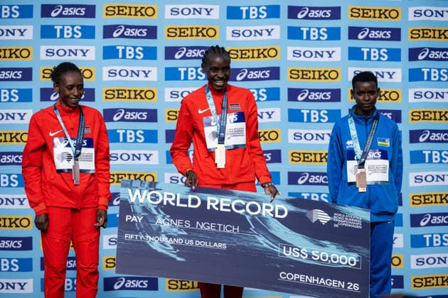 September 20, 2026: Veronica Loleo of Kenya, Agnes Jebet Ngetich of Kenya, and Florence Niyonkuru of Rwanda on the podium after the Copenhagen Half Marathon at the World Athletics Road Running Championships on September 20, 2026 in Copenhagen. Photo by Mathilda Schuler. BILDBYRAN code MA MA1036. track and field, athletics, world athletics road running championships, Copenhagen Half Marathon 2026, BBENG Half Marathon  Copyright: MATHILDAxSCHULER BB260920MA071