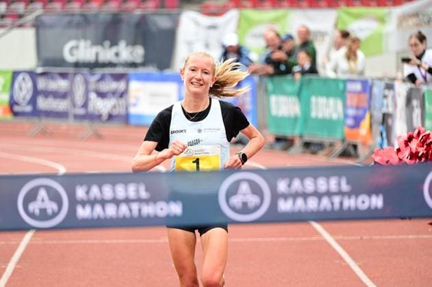 September 20, 2026 xkhx Kassel Kassel Marathon 2026 Half Marathon (Men and Women): Yellow (Half), Red (Marathon), Green (Relay); Nina Reuther at the finish line
