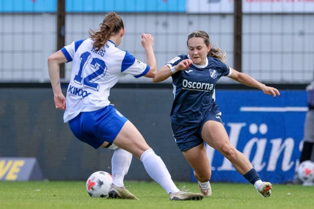 From left: Sarah Hagg (SV Meppen), 12, and Pija Reininger (SC Sand), 9, in a one-on-one battle; duel; dynamism; action; game scene, DFB REGULATIONS PROHIBIT ANY USE OF PHOTOGRAPHS AS IMAGE SEQUENCES AND OR VIDEO-LIKE PHOTO STREAMS DFB REGULATIONS PROHIBIT ANY USE OF PHOTOGRAPHS AS IMAGE SEQUENCES AND OR QUASI-VIDEO, September 20, 2026, Meppen, Germany, soccer, Women’s Bundesliga 2, SV Meppen vs. SC Sand xobx