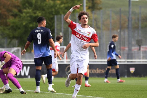 September 20, 2026, Germany, Stuttgart, Soccer: A-Junior DFB Cup Round of 16, 2025–2026 Season, Soccer: VfB Stuttgart U19 vs. Hertha BSC U19, Celebrations after the 1–0 goal, Karangelis (VfB)