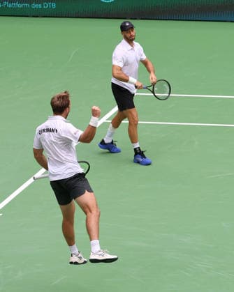 L R Team Germany, Kevin Krawietz, Tim Puetz celebrating, Men s Doubles, Davis Cup Germany vs. Croatia, Heristo Arena, Halle Westf, Germany Tennis Davis Cup 20026 Heristo Arena Halle West, North Rhine-Westphalia, Germany, September 20, 2026 Copyright: xJuergenxHasenkopfx