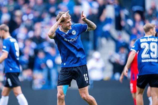 September 20, 2026 Soccer, 2026–2027, 2. Bundesliga, Matchday 6, DSC Arminia Bielefeld 1 FC Heidenheim Joel Grodowski Bielefeld celebrates after scoring the 1–0 goal. DFL REGULATIONS PROHIBIT ANY USE OF PHOTOGRAPHS AS IMAGE SEQUENCES AND OR QUASI-VIDEO