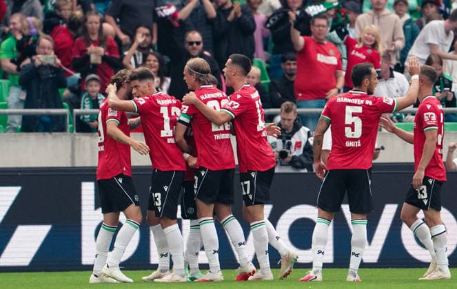 Germany Soccer 2. Bundesliga 2026–2027, Matchday 6: Hannover 96 vs. VfL Bochum at Heinz von Heiden Arena, Hannover—Goals and goal celebrations: Marcel Hartel (Hannover 96), 10 Virgil Ghi?a (Hannover 96), 5 Bastian Allgeier (Hannover 96), 17 Franz Roggow (Hannover 96), 13 Copyright: xAymanxAlahmedx