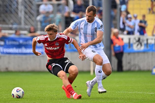Felix WEBER 1860 Munich, Action, Tackle against Marko SOLDIC, Bavarian Regional League Soccer Season 2026–2027,26–27 TSV 1860 Munich vs. 1 FC Nuremberg II on September 20, 2026, at Grünwalder Stadion in Munich