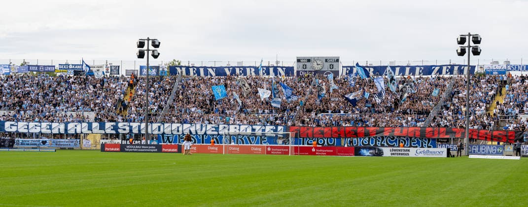 TSV 1860 Munich Westkurve banner, TSV 1860 Munich vs. FC Nuremberg II, Soccer, Bavarian Regional League, Matchday 10, September 20, 2026. DFB regulations prohibit any use of photographs as image sequences and or quasi-video. Munich, Bavaria, Germany Copyright: xkolbert-press UlrichxGamelx
