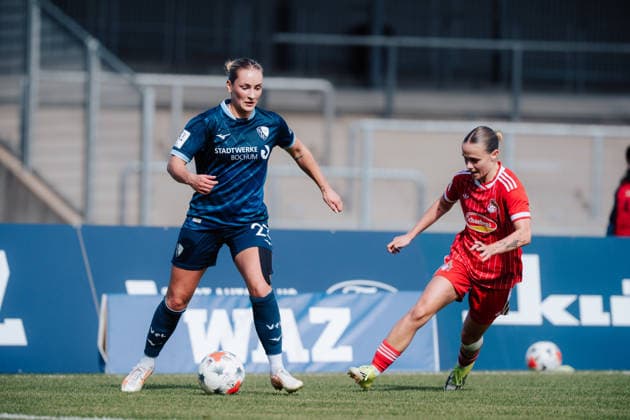 14.09.26, Women, Football, Google Pixel Frauen Bundesliga, Season 2026 2027, Bayer 04 Leverkusen - FC Bayern München, Matchday 4 Nina Lange ( 23 - VfL Bochum 1848) in a duel with a player from 1.FC Köln II Leverkusen Ulrich-Haberland-Stadion NRW Deutschland