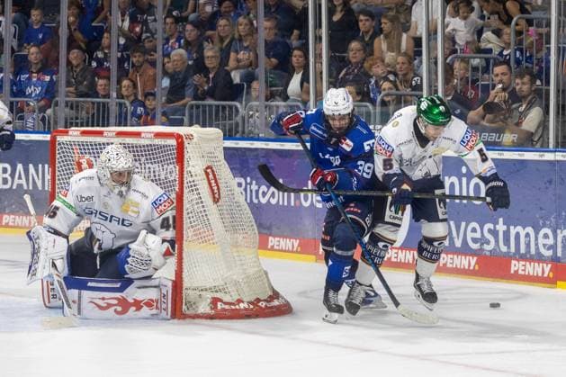Max Calce (39, Mannheim) luchst Mitchell Reinke (5, Berlin) den Puck ab