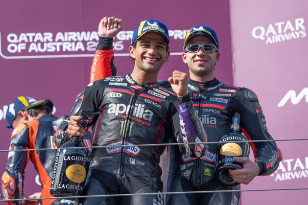 MOTORSPORTS - MotoGP - Austrian Grand Prix Photo by IPA ABACAPRESS.COM88760157 - Jorge Martin (Aprilia Racing) and Marco Bezzecchi (Aprilia Racing) celebrating their victory on the podium at the Austrian MotoGP Grand Prix at the Red Bull Ring racetrack in Spielberg, Austria, on September 20, 2026. Austria Austria  Copyright: xIPAxSport ABACAx