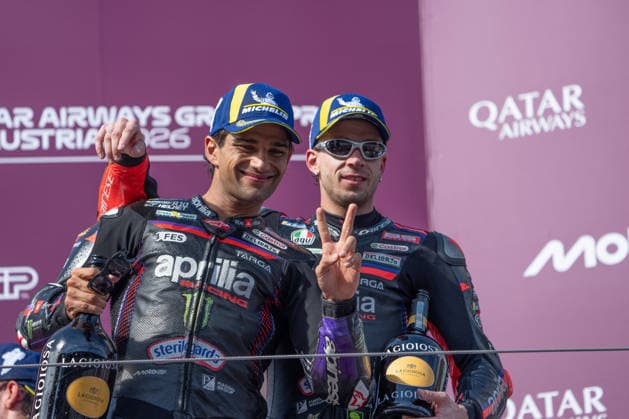 MOTORSPORTS - MotoGP - Austrian Grand Prix Photo by IPA ABACAPRESS.COM88760158 - Jorge Martin (Aprilia Racing) and Marco Bezzecchi (Aprilia Racing) celebrating their victory on the podium after the Austrian MotoGP Grand Prix at the Red Bull Ring racetrack in Spielberg, Austria, on September 20, 2026. Austria Austria  Copyright: xIPAxSport ABACAx