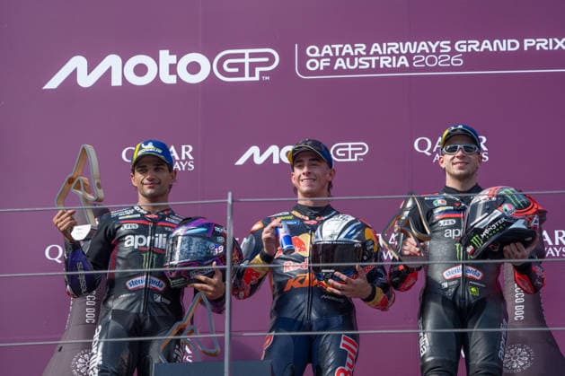 MOTORSPORTS - MotoGP - Austrian Grand Prix Photo by IPA ABACAPRESS.COM88760159 - Jorge Martin (Aprilia Racing), Pedro Acosta (Red Bull KTM Factory Racing) and Marco Bezzecchi (Aprilia Racing) celebrating their victory on the podium after the Austrian MotoGP Grand Prix at the Red Bull Ring in Spielberg, Austria, on September 20, 2026. Austria Austria  Copyright: xIPAxSport ABACAx