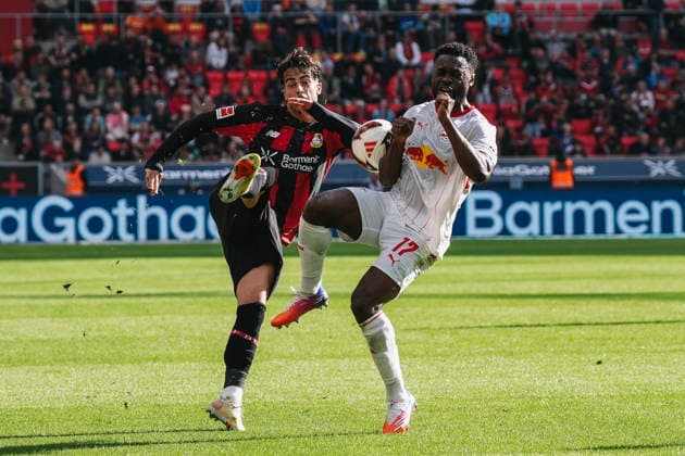 September 20, 2026, xjmrgnx, Soccer, Bundesliga 1, Bayer 04 Leverkusen vs. RB Leipzig: A tackle between Afonso Moreira (9), Leverkusen, and Ridle Baku (17), Leipzig. DFL and DFB regulations prohibit any use of photographs as image sequences and or quasi-video. Leverkusen