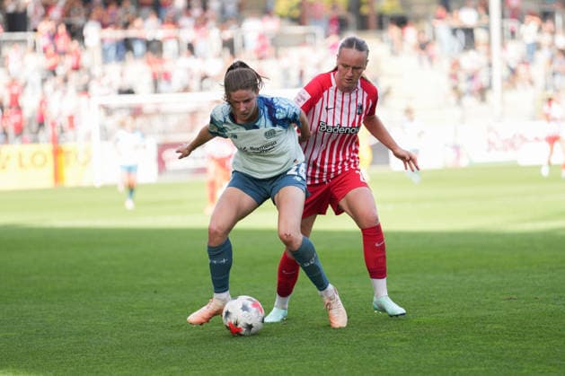 Google Pixel Women s Bundesliga: SC Freiburg vs. Bayer 04 Leverkusen, September 20, 2026. A tackle between Lilla Turanyi (Bayer 04 Leverkusen, 24) and Luca Emily Birkholz (SC Freiburg), 23 Google Pixel Women’s Bundesliga: SC Freiburg vs. Bayer 04 Leverkusen, Dreisamstadion, September 20, 2026. DFB and DFL regulations prohibit any use of photographs as image sequences and or quasi-video. Copyright: xBEAUTIFULxSPORTS Boscox