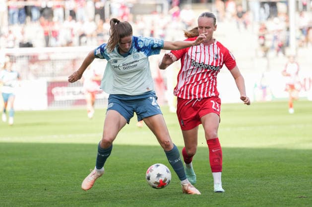 Google Pixel Women s Bundesliga: SC Freiburg vs. Bayer 04 Leverkusen, September 20, 2026. A tackle between Lilla Turanyi (Bayer 04 Leverkusen, 24) and Luca Emily Birkholz (SC Freiburg), 23 Google Pixel Women’s Bundesliga SC Freiburg vs. Bayer 04 Leverkusen, Dreisamstadion, September 20, 2026 DFB and DFL regulations prohibit any use of photographs as image sequences and or quasi-video. Copyright: xBEAUTIFULxSPORTS Boscox