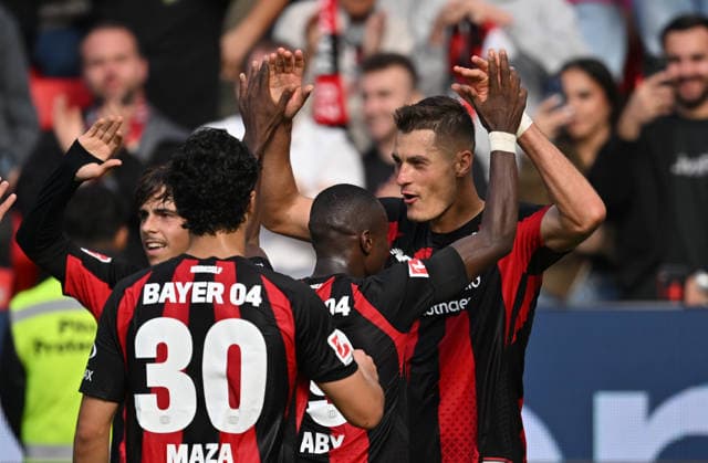 Patrik Schick of Bayer Leverkusen celebrates after scoring the 1-0 goal; from left to right: Afonso Moreira of Bayer Leverkusen, Ibrahim Maza of Bayer Leverkusen, Moussa Diaby (Bayer Leverkusen), Soccer, Bundesliga, Matchday 4, Bayer 04 Leverkusen vs. RB Leipzig, on September 20, 2026, in Leverkusen, Germany. DFL regulations prohibit any use of photographs as image sequences and or quasi-video.