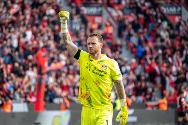Germany 1 Bundesliga 2026–2027, Matchday 4, Bayer 04 Leverkusen vs. RB Leipzig, Saturday, September 20, 2026, BayArena Stadium, Leverkusen, North Rhine-Westphalia, Goal and goal celebration for the 1–0 by Patrik Schick (Bayer 04 Leverkusen), 14 Joy, Emotions, celebration by Mark Flekken of Bayer 04 Leverkusen, 1 Leverkusen, BayArena Stadium, Leverkusen, Germany Copyright: xOrhanxHabashx