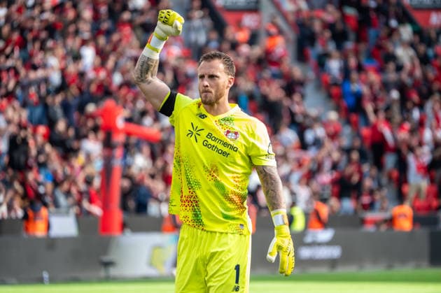 Germany 1 Bundesliga 2026–2027, Matchday 4, Bayer 04 Leverkusen vs. RB Leipzig, Saturday, September 20, 2026, BayArena Stadium, Leverkusen, North Rhine-Westphalia, Goal and goal celebration for the 1–0 by Patrik Schick (Bayer 04 Leverkusen), 14 Joy, Emotions, celebration by Mark Flekken of Bayer 04 Leverkusen, 1 Leverkusen, BayArena Stadium, Leverkusen, Germany Copyright: xOrhanxHabashx