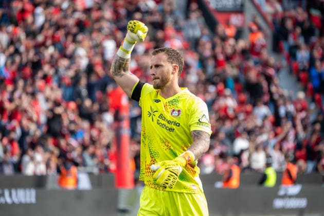 Germany 1 Bundesliga 2026–2027, Matchday 4, Bayer 04 Leverkusen vs. RB Leipzig, Saturday, September 20, 2026, BayArena Stadium, Leverkusen, North Rhine-Westphalia, Goal and goal celebration for the 1–0 by Patrik Schick (Bayer 04 Leverkusen), 14 Joy, Emotions, celebration by Mark Flekken of Bayer 04 Leverkusen, 1 Leverkusen, BayArena Stadium, Leverkusen, Germany Copyright: xOrhanxHabashx