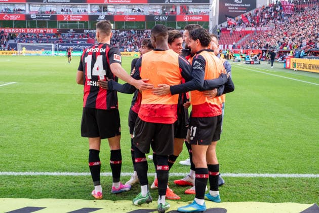 Germany, Bundesliga 1, 2026–2027, Matchday 4, Bayer 04 Leverkusen vs. RB Leipzig, Saturday, September 20, 2026, BayArena Stadium, Leverkusen, North Rhine-Westphalia, Goal and goal celebration for the 2–0 score by Miguel Gutierrez (Bayer 04 Leverkusen), 3 Joy, Emotions, celebration by Afonso Moreira of Bayer 04 Leverkusen, 9 Patrik Schick of Bayer 04 Leverkusen, 14 Martin Terrier of Bayer 04 Leverkusen, 11 Leverkusen, BayArena Stadium, Leverkusen, Germany Copyright: xOrhanxHabashx