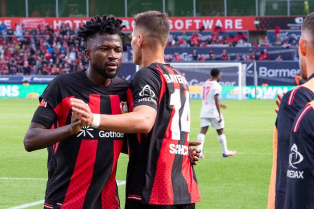Germany, Bundesliga 1, 2026–2027, Matchday 4, Bayer 04 Leverkusen vs. RB Leipzig, Saturday, September 20, 2026, BayArena Stadium, Leverkusen, North Rhine-Westphalia; Goal and goal celebration for the 2–0 lead by Miguel Gutierrez (Bayer 04 Leverkusen), 3; Joy, emotions, celebration by Edmond Tapsoba (Bayer 04 Leverkusen), 12, and Patrik Schick (Bayer 04 Leverkusen), 14; Leverkusen, BayArena Stadium, Leverkusen, Germany Copyright: xOrhanxHabashx