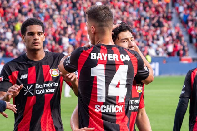 Germany, Bundesliga 1, 2026–2027, Matchday 4, Bayer 04 Leverkusen vs. RB Leipzig, Saturday, September 20, 2026, BayArena Stadium, Leverkusen, North Rhine-Westphalia; Goal and goal celebration for the 2–0 lead by Miguel Gutierrez (Bayer 04 Leverkusen), 3; Joy, emotions, celebration by Patrik Schick of Bayer 04 Leverkusen (14) and Ibrahim Maza of Bayer 04 Leverkusen (30), Leverkusen, BayArena Stadium, Leverkusen, Germany Copyright: xOrhanxHabashx