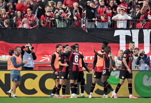 Bayer players celebrate Miguel Gutierrez (left) after his goal to make it 2-0; from left: Patrik Schick (Bayer Leverkusen), Edmond Tapsoba (Bayer Leverkusen), Ezequiel Fernandez (Bayer Leverkusen), Miguel Gutierrez (Bayer Leverkusen). Soccer, Bundesliga 1, Matchday 4, Bayer 04 Leverkusen vs. RB Leipzig, on September 20, 2026, in Leverkusen, Germany. DFL regulations prohibit any use of photographs as image sequences and or quasi-video.