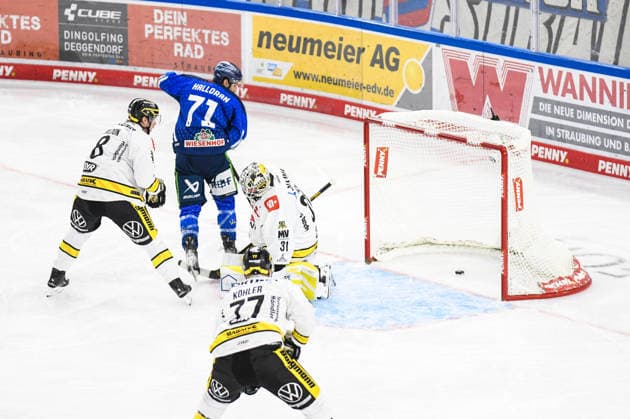 Straubing Tigers vs. Krefeld Pinguine, Ice Hockey, German Ice Hockey League, Penny DEL, Matchday 1, 2026–2027 Season, September 23, 2026: Nicholas Halloran of the Straubing Tigers beats Felix Bick of the Krefeld Pinguine, Men’s Ice Hockey, German Ice Hockey League, Penny DEL, Matchday 1, 2026–2027 Season on September 20, 2026, at the Eisstadion am Pulverturm, Straubing Tigers (blue) vs. Krefeld Pinguine (white)