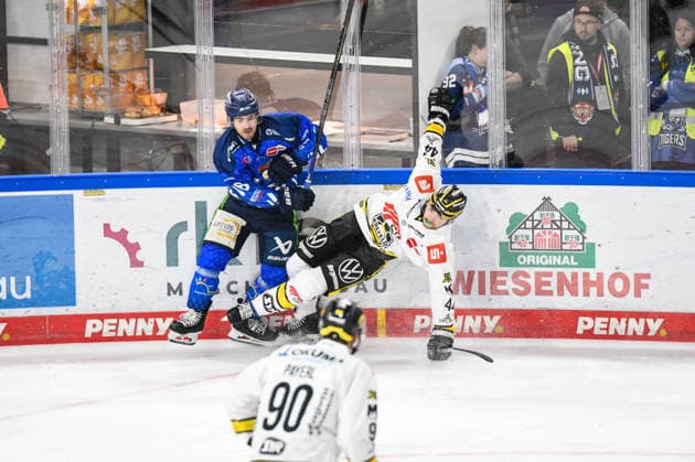 Straubing Tigers vs. Krefeld Pinguine, Ice Hockey, German Ice Hockey League, Penny DEL, Matchday 1, 2026–2027 Season, September 23, 2026: Skyler McKenzie of the Straubing Tigers at the boards with Zack Dybowski of the Krefeld Pinguine, Men’s Ice Hockey, German Ice Hockey League, Penny DEL, Matchday 1, 2026–2027 season, on September 20, 2026, at the Eisstadion am Pulverturm, Straubing Tigers (blue) vs. Krefeld Pinguine (white)
