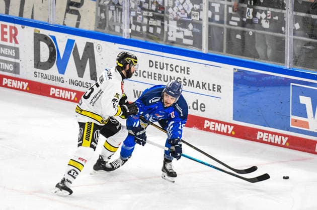 Straubing Tigers vs. Krefeld Pinguine, Ice Hockey, German Ice Hockey League, Penny DEL, Matchday 1, 2026–2027 Season, September 23, 2026: Tim Brunnhuber of the Straubing Tigers on the ice in a matchup against Davis Vandane of the Krefeld Pinguine, Men’s Ice Hockey, German Ice Hockey League, Penny DEL, Matchday 1, 2026–2027 Season on September 20, 2026, at the Eisstadion am Pulverturm, Straubing Tigers (blue) vs. Krefeld Pinguine (white)