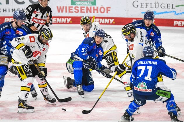 Straubing Tigers vs. Krefeld Pinguine, Ice Hockey, German Ice Hockey League, Penny DEL, Matchday 1, 2026–2027 Season, September 23, 2026: Danjo Leonhardt of the Straubing Tigers takes the faceoff against Roope Maekitalo of the Krefeld Pinguine, men’s ice hockey, German Ice Hockey League, Penny DEL, Matchday 1, 2026–2027 season on September 20, 2026, at the Eisstadion am Pulverturm, Straubing Tigers (blue) vs. Krefeld Pinguine (white)