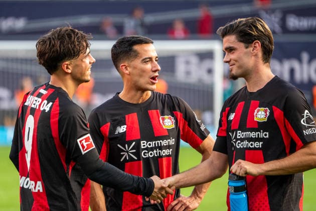 Germany 1 Bundesliga 2026–2027, Matchday 4, Bayer 04 Leverkusen vs. RB Leipzig, Saturday, September 20, 2026, BayArena Stadium, Leverkusen, North Rhine-Westphalia. Joy, emotions, cheers, victory celebration, reaction, Lucas Vázquez (Bayer 04 Leverkusen), 17 Afonso Moreira (Bayer 04 Leverkusen), 9 Miguel Gutiérrez (Bayer 04 Leverkusen), 3 Leverkusen, BayArena Stadium, Leverkusen, Germany Copyright: xOrhanxHabashx