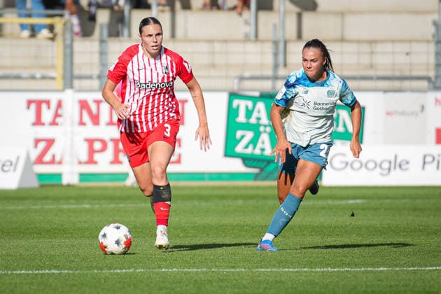 Soccer, Google Pixel Women s Bundesliga, Matchday 5, 2026–2027, SC Freiburg vs. Bayer 04 Leverkusen, September 20, 2026, Dreisamstadion, Freiburg, Alina Axtmann (SC Freiburg), Maja Sternad (Bayer 04 Leverkusen), 23 Freiburg Dreisamstadion Baden-Württemberg Germany Copyright: xFINLEYxMÖRCHx