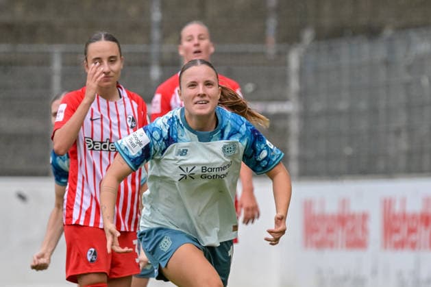 Celebration following the goal that made the score 1–2 by Estrella Merino, Bayer 04 Leverkusen Women, 10 GER, SC Freiburg vs. Bayer 04 Leverkusen, Women s Soccer, Bundesliga, Matchday 5, 2026–2027 Season, September 20, 2026 DFB regulations prohibit any use of photographs as image sequences and or quasi-video GER, SC Freiburg vs. Bayer 04 Leverkusen, Women’s Soccer, Bundesliga, Matchday 5, 2026–2027 Season, September 20, 2026, Freiburg Copyright: xEibner-Pressefotox EP_THS