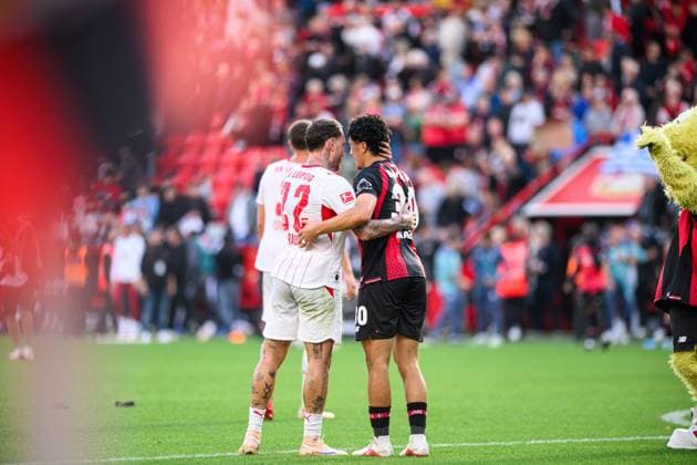 LEVERKUSEN, GERMANY - 20 SEPTEMBER, 2026: Ibrahim Maza, David Raum - The Bundesliga match Bayer 04 Leverkusen vs. RB Leipzig at BayArena.  Copyright: xVitaliixKliuievx