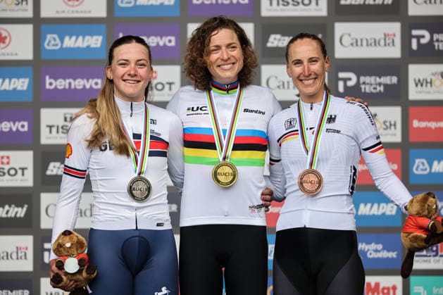 2026 UCI Road World Championships Picture by Alex Whitehead SWpix.com - 20 09 2026 - Cycling - 2026 UCI Road World Championships - MontrÃ al, Canada - Women Elite Individual Time Trial (ITT) - Marlen Reusser (Switzerland) World Champion and Gold Medalist, Zoe Backstedt (Great Britain) Silver Medalist and Franziska Koch (Germany) Bronze Medalist MontrÃ al Avenue du Parc Canada Copyright: x xSWpix.comx(t axPhotographyxHubxLtd)xAlexxWhitehead SWpix.comx SWP-3521-0233