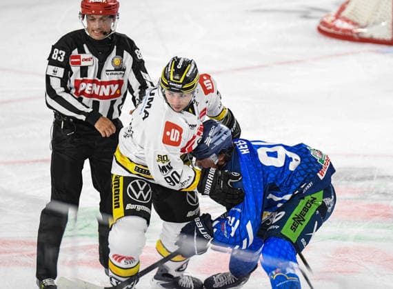 Straubing Tigers vs. Krefeld Pinguine, Ice Hockey, German Ice Hockey League, Penny DEL, Matchday 1, 2026–2027 Season, September 23, 2026: Jamieson Rees (Straubing Tigers) vs. Adam Payerl (Krefeld Pinguine), Men’s Ice Hockey, German Ice Hockey League, Penny DEL, Matchday 1, 2026–2027 Season on September 20, 2026, at the Eisstadion am Pulverturm, Straubing Tigers (blue) vs. Krefeld Pinguine (white)