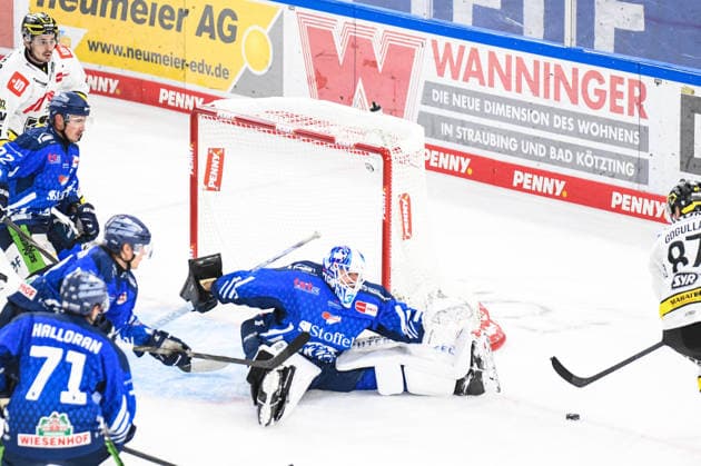 Straubing Tigers vs. Krefeld Pinguine, Ice Hockey, German Ice Hockey League, Penny DEL, Matchday 1, 2026–2027 Season, September 23, 2026: Philip Gogulla of the Krefeld Pinguine scores against Jakub Skarek of the Straubing Tigers, Men s Ice Hockey, German Ice Hockey League, Penny DEL, Matchday 1, 2026–2027 Season on September 20, 2026, at the Eisstadion am Pulverturm; Straubing Tigers (blue) vs. Krefeld Pinguine (white)