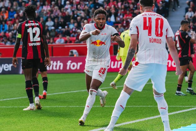 September 20, 2026, xjmrgnx, Soccer, Bundesliga 1, Bayer 04 Leverkusen vs. RB Leipzig, Christopher Nkunku 28, Leipzig celebrates its 1–0 goal, which was disallowed by the video assistant referee, and points at teammate Romulo 40, Leipzig DFL DFB REGULATIONS PROHIBIT ANY USE OF PHOTOGRAPHS AS IMAGE SEQUENCES AND OR QUASI-VIDEO Leverkusen