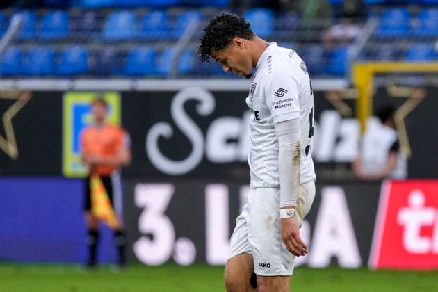 Montell Ndikom Münster, 28, player for SC Preußen Münster, looking disappointed; disappointment, frustration, pessimistic, action, game scene, September 20, 2026, Mannheim, Germany, soccer, 3rd Division, SV Waldhof Mannheim vs. SC Preußen Münster, DFB and DFL regulations prohibit any use of photographs as image sequences and or quasi-video xozx