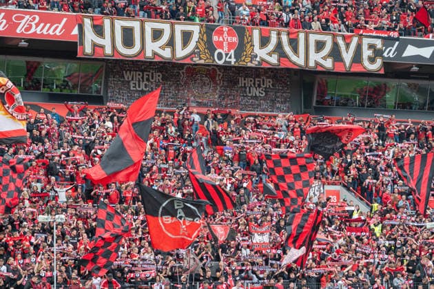 Germany 1 Bundesliga 2026–2027, Matchday 4, Bayer 04 Leverkusen vs. RB Leipzig, Saturday, September 20, 2026, BayArena Stadium, Leverkusen, North Rhine-Westphalia, Ultras, fans, Leverkusen fans, flags, Leverkusen fan section, BayArena Stadium, Leverkusen, Germany Copyright: xOrhanxHabashx