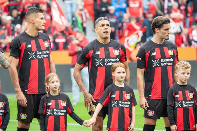 Germany 1 Bundesliga 2026–2027, Matchday 4, Bayer 04 Leverkusen vs. RB Leipzig, Saturday, September 20, 2026, BayArena Stadium, Leverkusen, North Rhine-Westphalia, Facundo Medina, Bayer 04 Leverkusen, 2 Miguel Gutierrez, Bayer 04 Leverkusen, 3, and Patrik Schick, Bayer 04 Leverkusen, 14; facial expressions, emotions; Leverkusen, BayArena Stadium, Leverkusen, Germany Copyright: xOrhanxHabashx