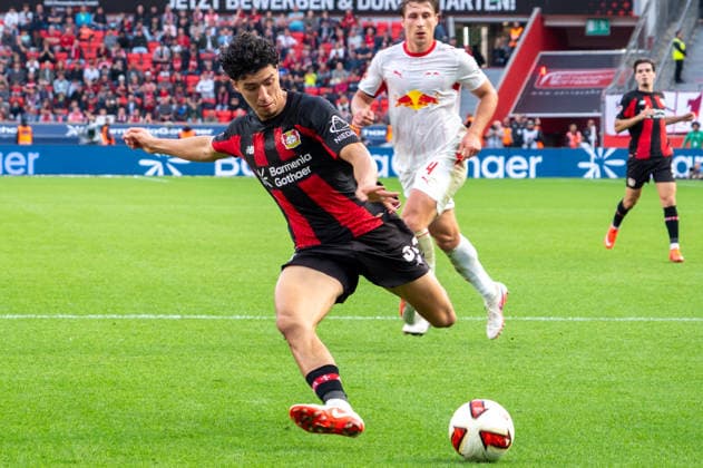 Germany 1 Bundesliga 2026–2027, Matchday 4, Bayer 04 Leverkusen vs. RB Leipzig, Saturday, September 20, 2026, BayArena Stadium, Leverkusen, North Rhine-Westphalia. Ibrahim Maza of Bayer 04 Leverkusen, No. 30, shoots the ball toward the goal at the BayArena Stadium in Leverkusen, Germany. Copyright: xOrhanxHabashx