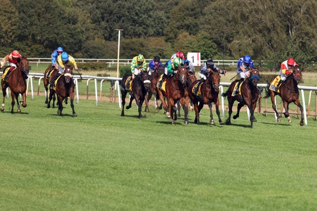 September 20, 2026, Hanover, Lower Saxony, GER Avyaan, with Esentur Turganaaly Uulu (fourth from the right), wins the BBAG Auction Race at the Hanover Racetrack, Neue Bult 260920D980HANNOVER JPG
