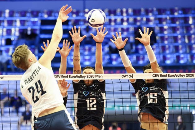 IPA88765282 - Attack by 24 Nooa Marttila (Finland) during the Round of 16 match of the CEV Enel EuroVolley 2026 between Finland and Greece at PalaVela, Turin, Italy, on September 20, 2026, during the Finland vs. Greece match, CEV EuroVolley Men’s match in Turin, Italy, September 20, 2026  Copyright: xValerioxOrigo IPAxSportx xx IPA88765282