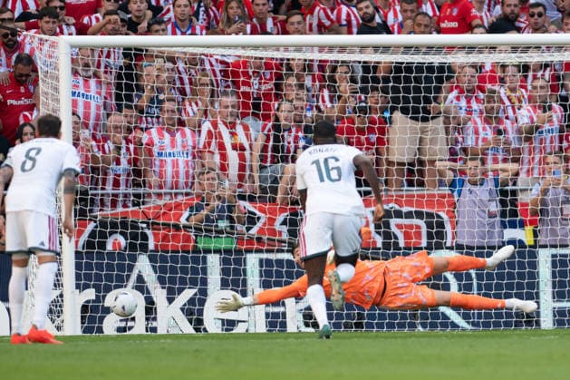 RECORD DATE NOT STATED 20th September 2026; Riyadh Air Metropolitano, Madrid, Spain; Spanish La Liga Football, Atletico Madrid versus Real Madrid; Thibaut Courtois of Real Madrid cannot stop penalty kick from Grimaldo of Atletico Madrid AdelinaxCobos
