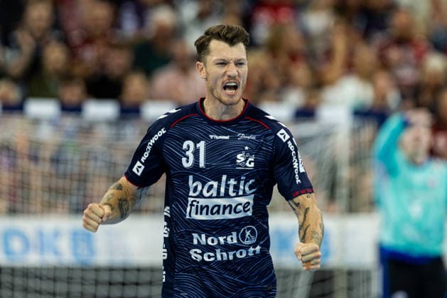 Opel HBL SG Flensburg Handewitt vs. Handball Club Hamburg, September 20, 2026—Emil Jakobsen (No. 31) celebrates a goal; SG Flensburg Handewitt vs. Handball Club Hamburg, GGW Arena, September 20, 2026 Copyright: xBEAUTIFULxSPORTS MarioxM.xKobergx