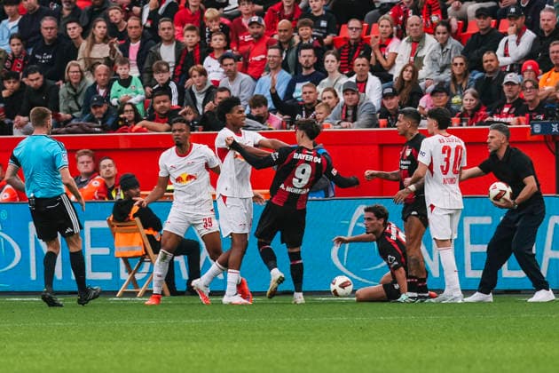 September 20, 2026, xjmrgnx, Soccer, Bundesliga 1, Bayer 04 Leverkusen vs. RB Leipzig, Samba Konate 45, Leipzig and Afonso Moreira 9, Leverkusen with a scuffle DFL DFB REGULATIONS PROHIBIT ANY USE OF PHOTOGRAPHS as IMAGE SEQUENCES and or QUASI-VIDEO Leverkusen