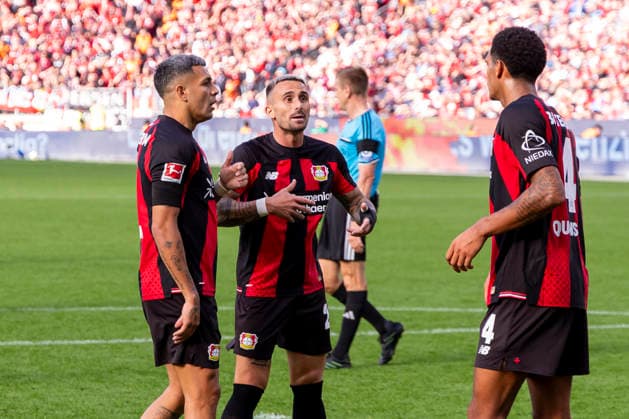 September 20, 2026, Soccer, Matchday 4 of the 1. Bundesliga, Bayer 04 Leverkusen vs. RB Leipzig, Facundo Medina, Bayer 04 Leverkusen, Aleix Garcia, Bayer 04 Leverkusen; Jarell Amorin Quansah, Bayer 04 Leverkusen, Leverkusen, BayArena, North Rhine-Westphalia, Germany, xRHR PHOTO DEx Copyright: DennisxEwert RHR-FOTOx RHR-FOTO DE