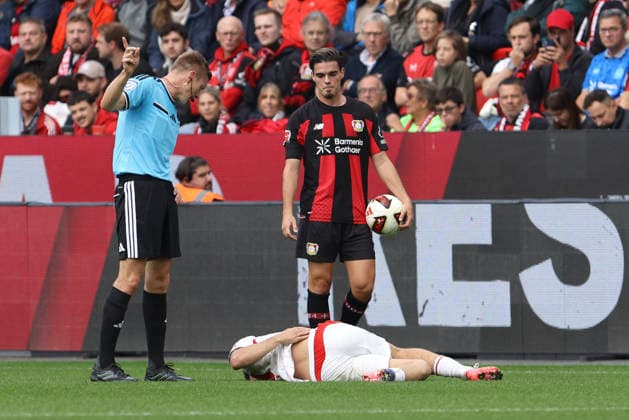 Brajan Gruda of RB Leipzig lies injured on the ground during the Bundesliga 1 match between Bayer 04 Leverkusen and RB Leipzig, BayArena on September 20, 2026, in Leverkusen, Germany. Photo by Oliver Kaelke, DeFodi Images. Brajan Gruda of RB Leipzig is injured on the ground during the Bundesliga match between Bayer 04 Leverkusen and RB Leipzig at BayArena on September 20, 2026 in Leverkusen, Germany. Photo by Oliver Kaelke, DeFodi Images. DFB and DFL regulations prohibit any use of photographs as image sequences and or quasi-video. Photo by Oliver Kaelke, DeFodi Images.