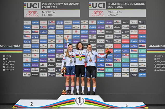 September 20, 2026, Montreal, Pq, CANADA: Marlen Reusser, of Switzerland, centre, Zoe Backstedt, of Great Britain, left, and Franziska Koch, of Germany, pose with the medals following the women s elite individual time trials (ITT) at the UCI Road World Championships cycling event in Montreal on Sunday, Sept. 20, 2026. Canada News - September 20, 2026  - ZUMAc35_ 20260920_zaf_c35_024 Copyright: xGrahamxHughesx