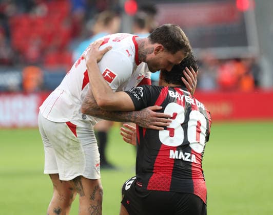 September 20, 2026 Soccer GER 2026–2027 Season 1. Bundesliga Matchday 4 Bayer 04 Leverkusen vs. RB Leipzig After the final whistle, David Raum (22, RBL) and Ibrahim Maza (30, B04) exchange pleasantries. DFL REGULATIONS PROHIBIT ANY USE OF PHOTOGRAPHS AS IMAGE SEQUENCES AND OR QUASI-VIDEO 1 Soccer Bundesliga September 20, 2026 Soccer GER Season 2026–2027 1. Bundesliga Matchday 4 Bayer 04 Leverkusen RB Leipzig